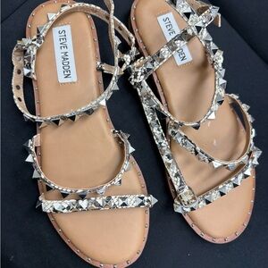Steve Madden Metallic Snake-Print Pyramid Stud Sandals